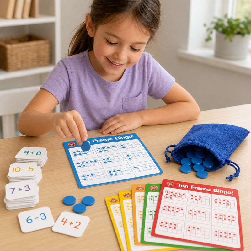 Young child playing Learning Can Be Fun Ten Frame Bingo while matching counters to ten frame patterns. The educational maths game uses visual number representations to help children develop counting, addition and subtraction skills through engaging hands on learning.