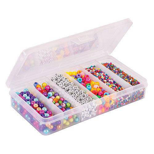 Open bead box showing compartments of assorted beads