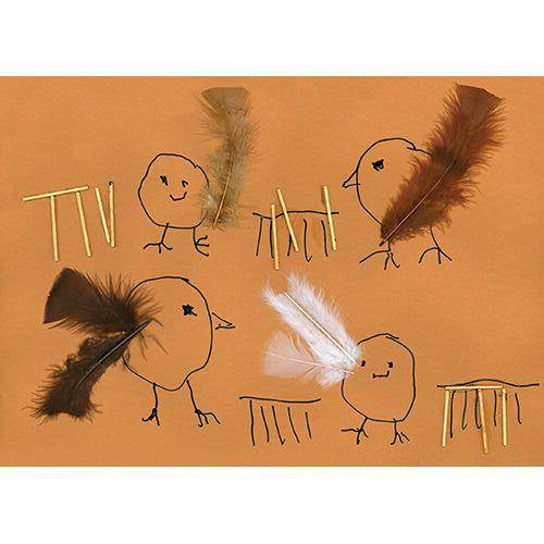 Children's bird drawings with natural feathers glued on