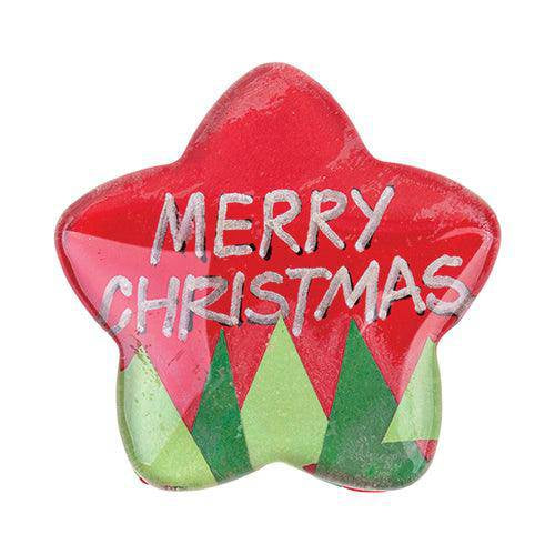 Clear glass star painted red with Merry Christmas