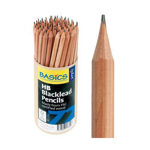 Tub of Zart Basics HB blacklead pencils beside a sharpened pencil