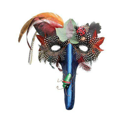 Papier mache bird mask painted in dark colours with feathers