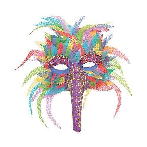 Papier mache bird mask decorated with bright feathers