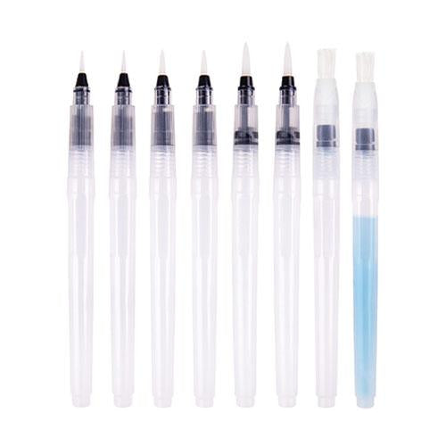 Eight Zart aqua brushes with clear water barrels