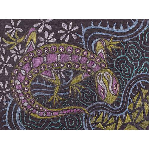 Patterned lizard artwork painted on a black canvas board