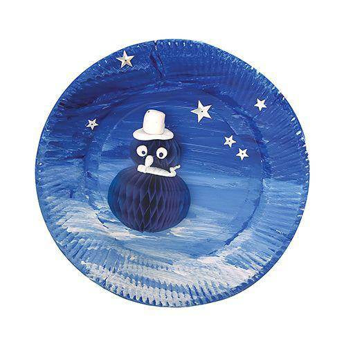 Paper plate painted as a night sky scene with a snowman