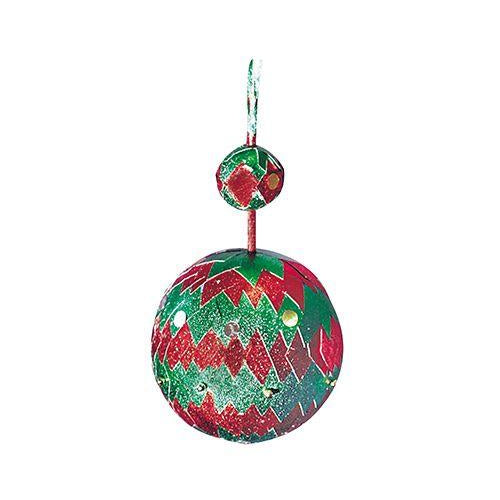 Poly ball ornament wrapped in red and green patterns