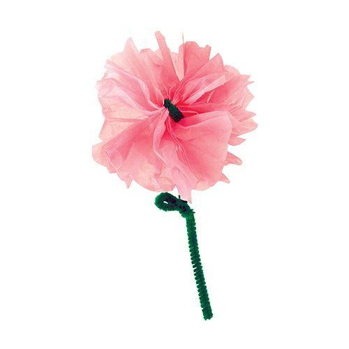 Pink tissue paper flower on a green stem