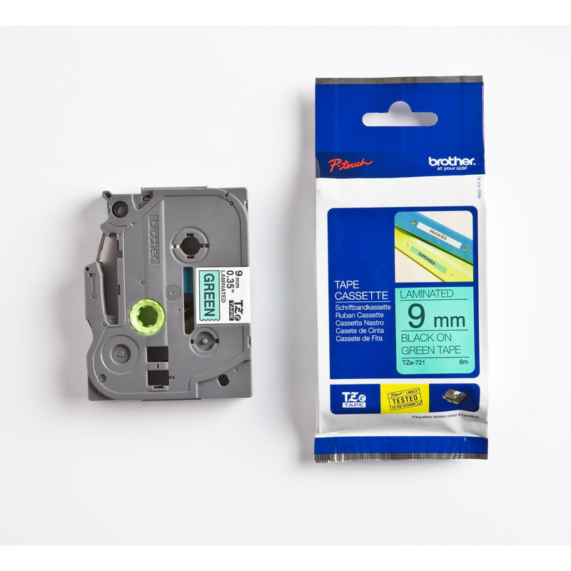 Brother TZe-721 9mm black on green laminated labelling tape cassette