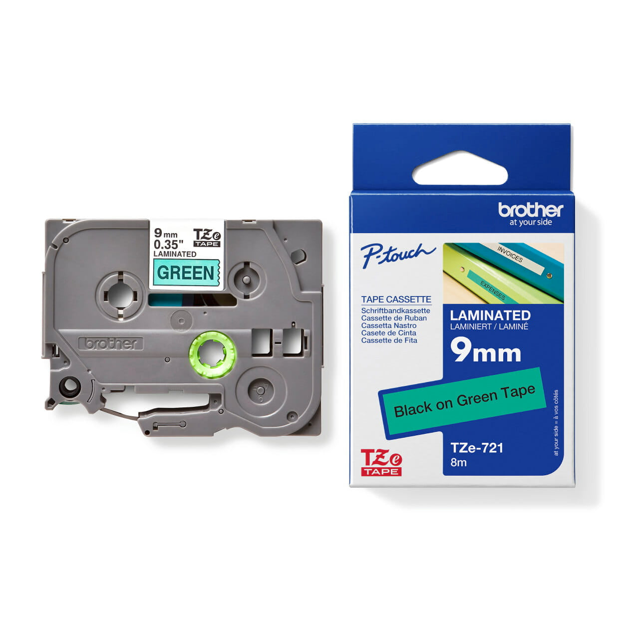 Brother TZe-721 tape cassette shown next to its carton