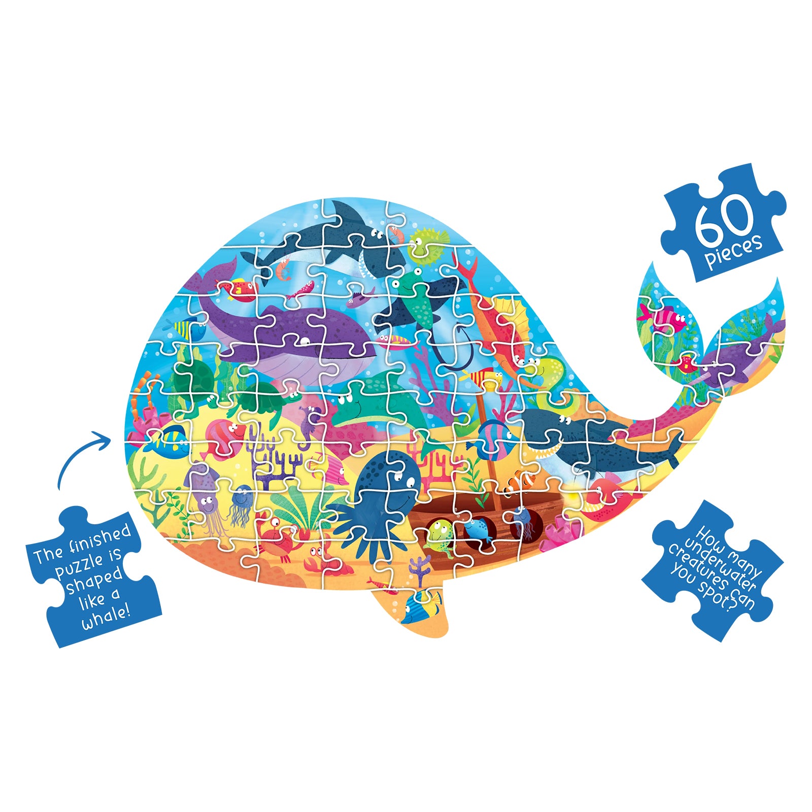 The completed Under the Sea Whale Shaped Floor Puzzle displayed against a neutral background. The 60 piece puzzle forms a whale silhouette and features colourful underwater artwork with marine animals, coral reefs, fish, turtles, octopuses and ocean themed details.
