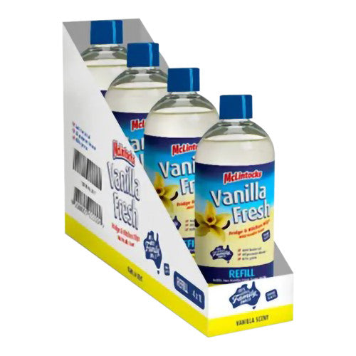 Display of McInnich Vanilla Fresh air freshener refills with blue caps.