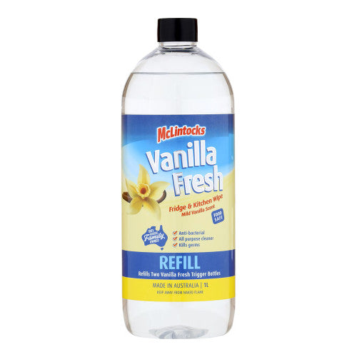 Bottle of Vanilla Fresh refill with blue label on a white background