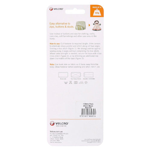 Osmer Velcro Brand Sew On Hook and Loop Tape 25mm x 1m Black