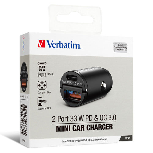 Verbatim 30W 2 Port PD and QC Mini Car Charger Black