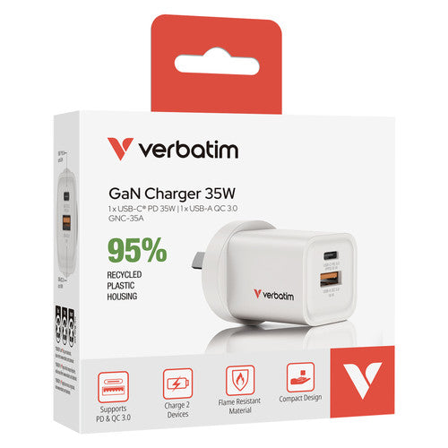 Verbatim 35W 2 Port USB A and C Gan Charger White