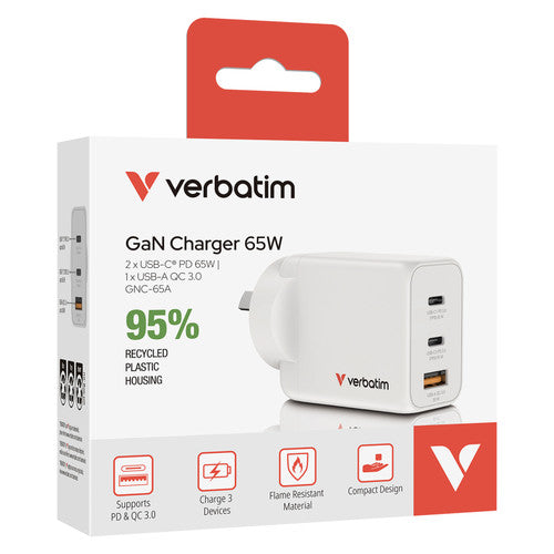 Verbatim 65W 3 Port USB A and C GaN Charger White