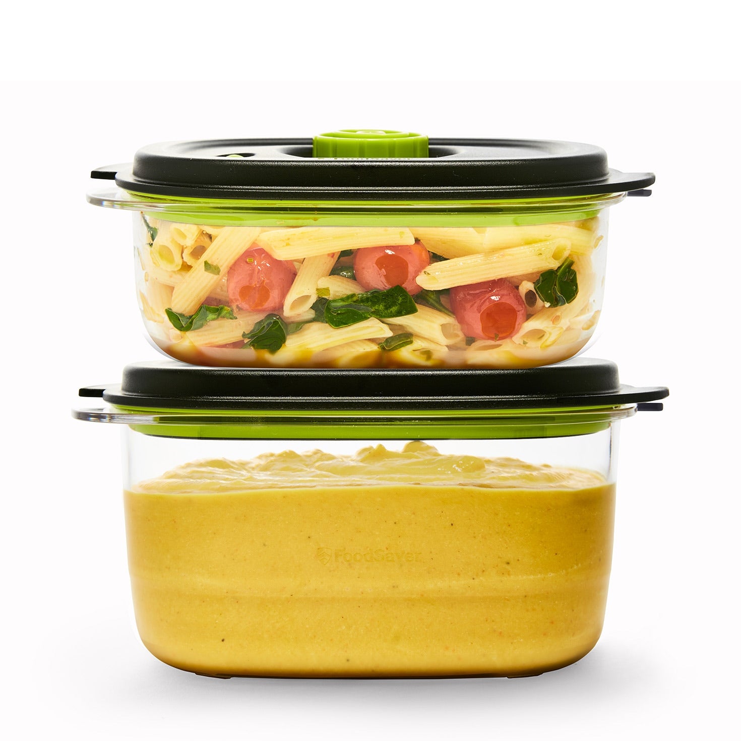 FoodSaver vacuum containers with soup and pasta