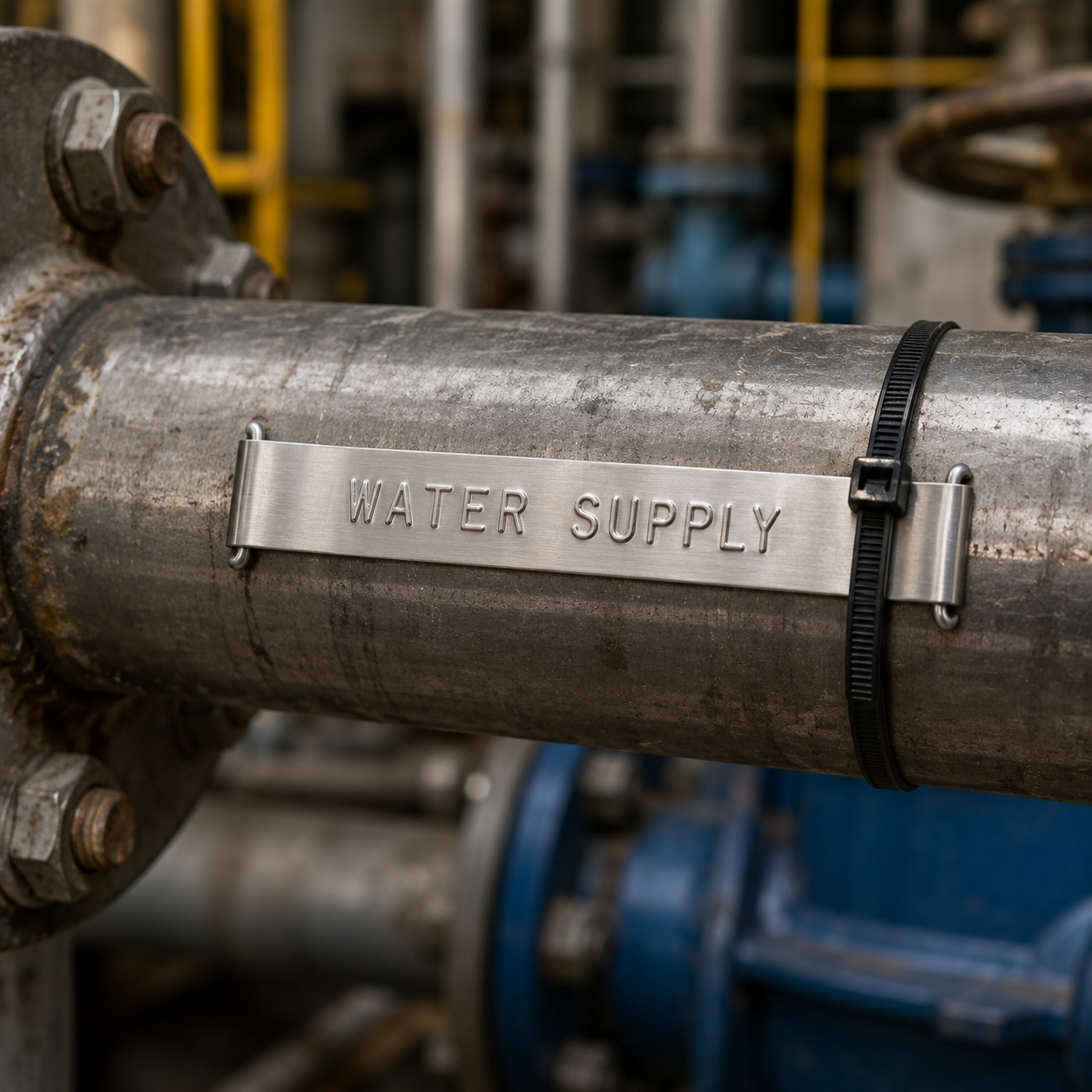 Metal pipe with 'WATER SUPPLY' label in an industrial setting