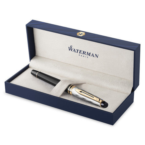 Waterman Expert Metal and Black Lacquer Gold Trim Fountain Pen Medium Nib