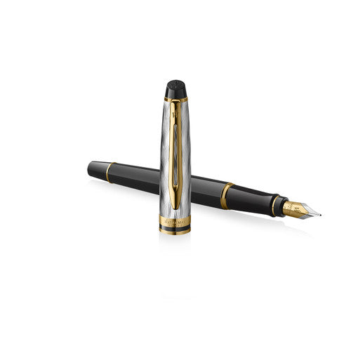 Waterman Expert Metal and Black Lacquer Gold Trim Fountain Pen Medium Nib