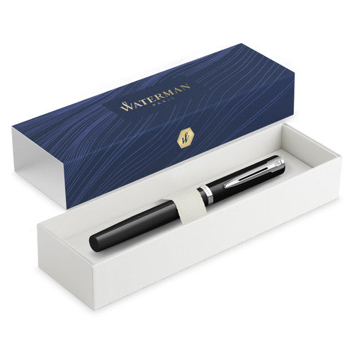 Waterman Impression Fountain Pen Black with Chrome Trim Medium Nib Blue Ink Gift Box