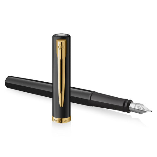 Waterman Impression Fountain Pen Black with Gold Trim Medium Nib Blue Ink Gift Box