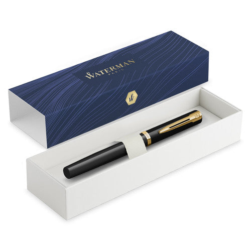 Waterman Impression Fountain Pen Black with Gold Trim Medium Nib Blue Ink Gift Box