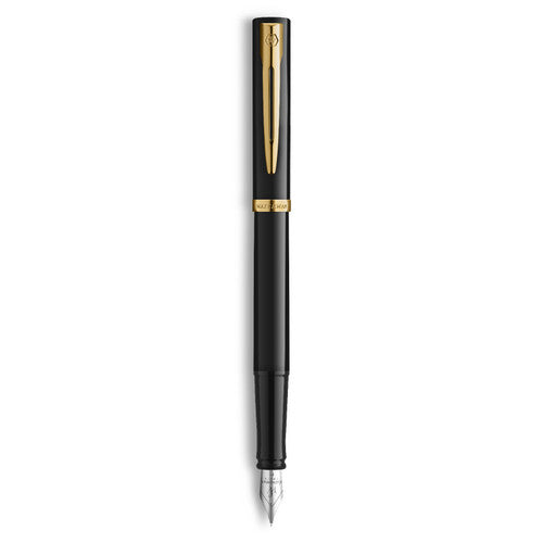 Waterman Impression Fountain Pen Black with Gold Trim Medium Nib Blue Ink Gift Box