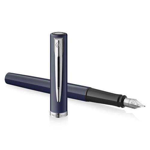Waterman Impression Fountain Pen Blue with Chrome Trim Medium Nib Blue Ink Gift Box