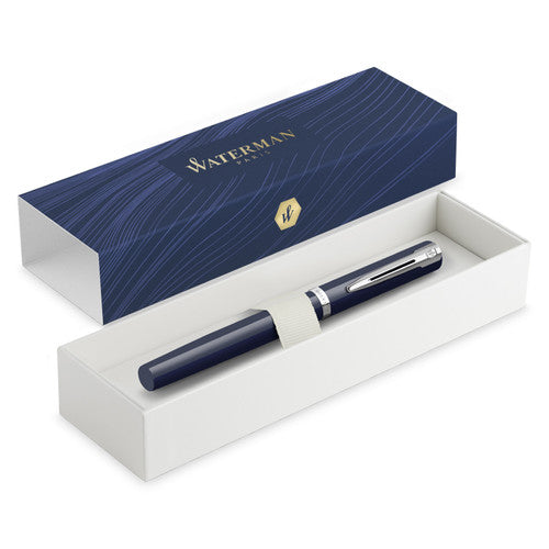 Waterman Impression Fountain Pen Blue with Chrome Trim Medium Nib Blue Ink Gift Box