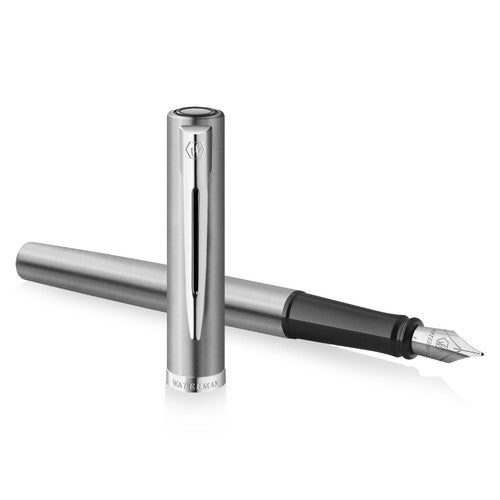 Waterman Impression Fountain Pen Stainless Steel with Chrome Trim Medium Nib Blue Ink Gift Box