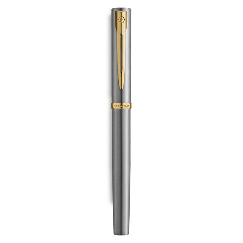 Waterman Impression Fountain Pen Stainless Steel with Gold Trim Medium Nib Blue Ink Gift Box