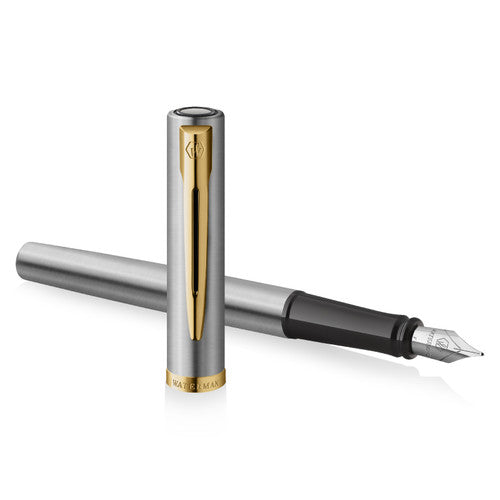Waterman Impression Fountain Pen Stainless Steel with Gold Trim Medium Nib Blue Ink Gift Box