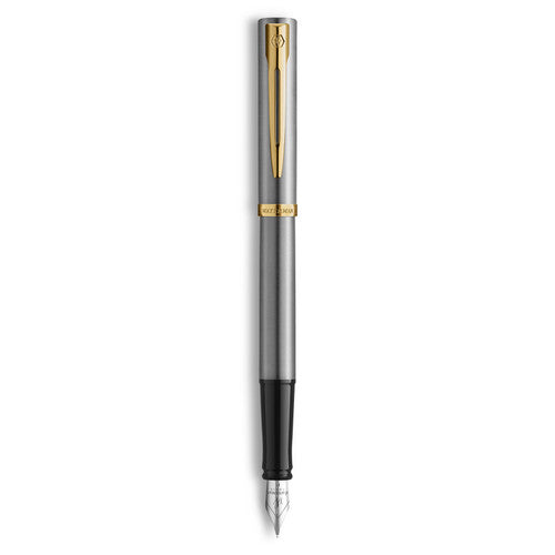 Waterman Impression Fountain Pen Stainless Steel with Gold Trim Medium Nib Blue Ink Gift Box