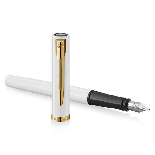 Waterman Impression Fountain Pen White with Gold Trim Medium Nib Blue Ink Gift Box