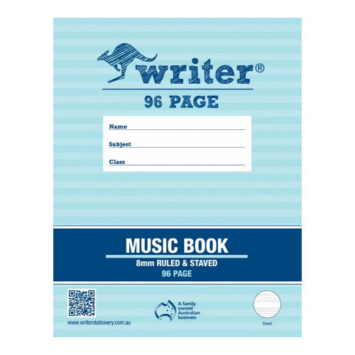 Writer Music Book 225x175mm 96 Page 8mm Ruled and Staved Pack 10 — front cover showing stave and ruled lines