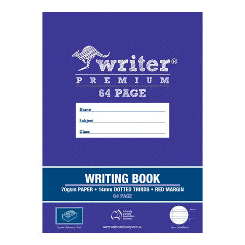 Writer Premium Writing Book 330x240mm 64 Page 14mm Dotted Thirds Red Margin Brick Cover Pack 20 — front cover
