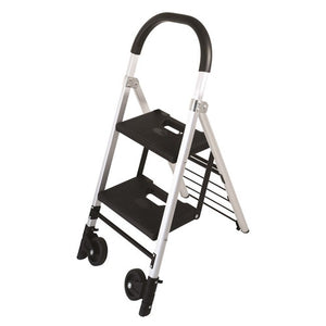 Durus Folding 2 Step Ladder and Trolley 100852030 opened as a ladder, silver frame with two black steps, curved black handle and small black wheels