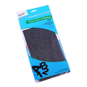 Quill Vinyl Letters and Numbers pack in black, a clear hanging bag with black vinyl characters visible behind the blue header and a black A, B, 1 and 2 on the front