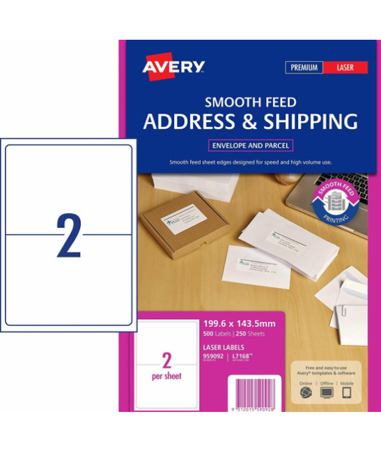 AVERY 959092 WHITE TRUEBLOCK SHIPPING LABELS - L7168 - 500/PACK - 199.6 X 143.5 MM | 2UP