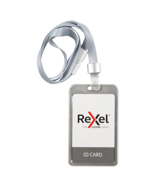 REXEL ALUMINIUM PORTRAIT CARD HOLDER WITH SILVER LANYARD - PACK OF 10