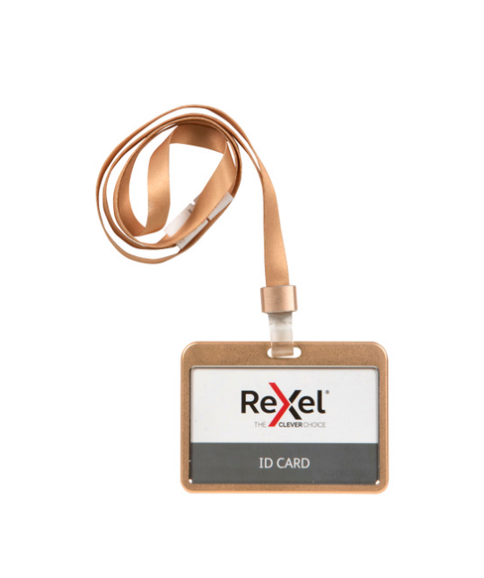 REXEL ALUMINIUM LANDSCAPE CARD HOLDER WITH ROSE GOLD LANYARD - PACK OF 10