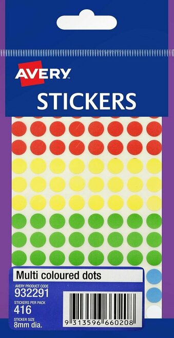 AVERY 932291 MULTI-COLOURED MULTI-PURPOSE STICKERS - CIRCLE 8 MM - 416/PACK