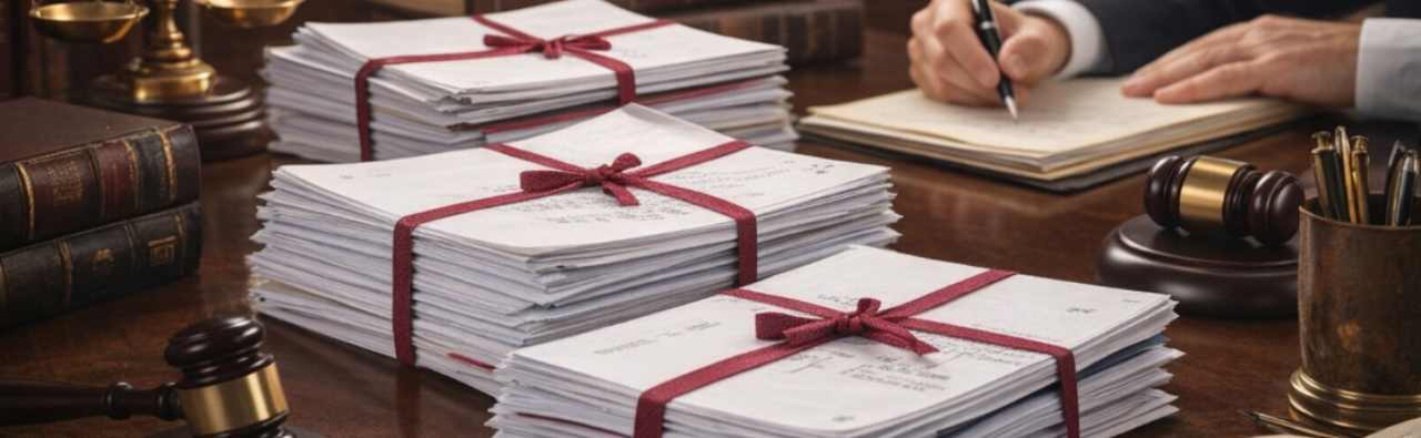 Close-up view of a thick stack of legal documents neatly tied with red legal tape, demonstrating traditional document binding used in legal and administrative offices.
